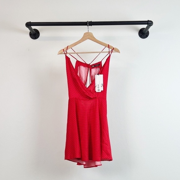 NWT Zara Silky Polka Dot Tie Back Mini Dress Red & Black - Picture 7 of 10
